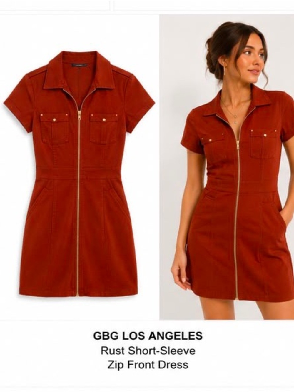 GBG Los Angeles Rust Short-Sleeve Zip Front Dress